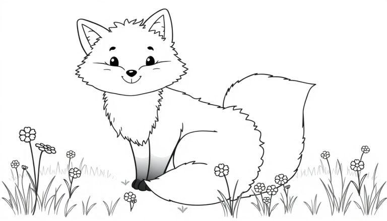 Schwarz-Weiß-Farbtafel eines Cartoon-Fuchses, der im Gras und zwischen Blumen sitzt.