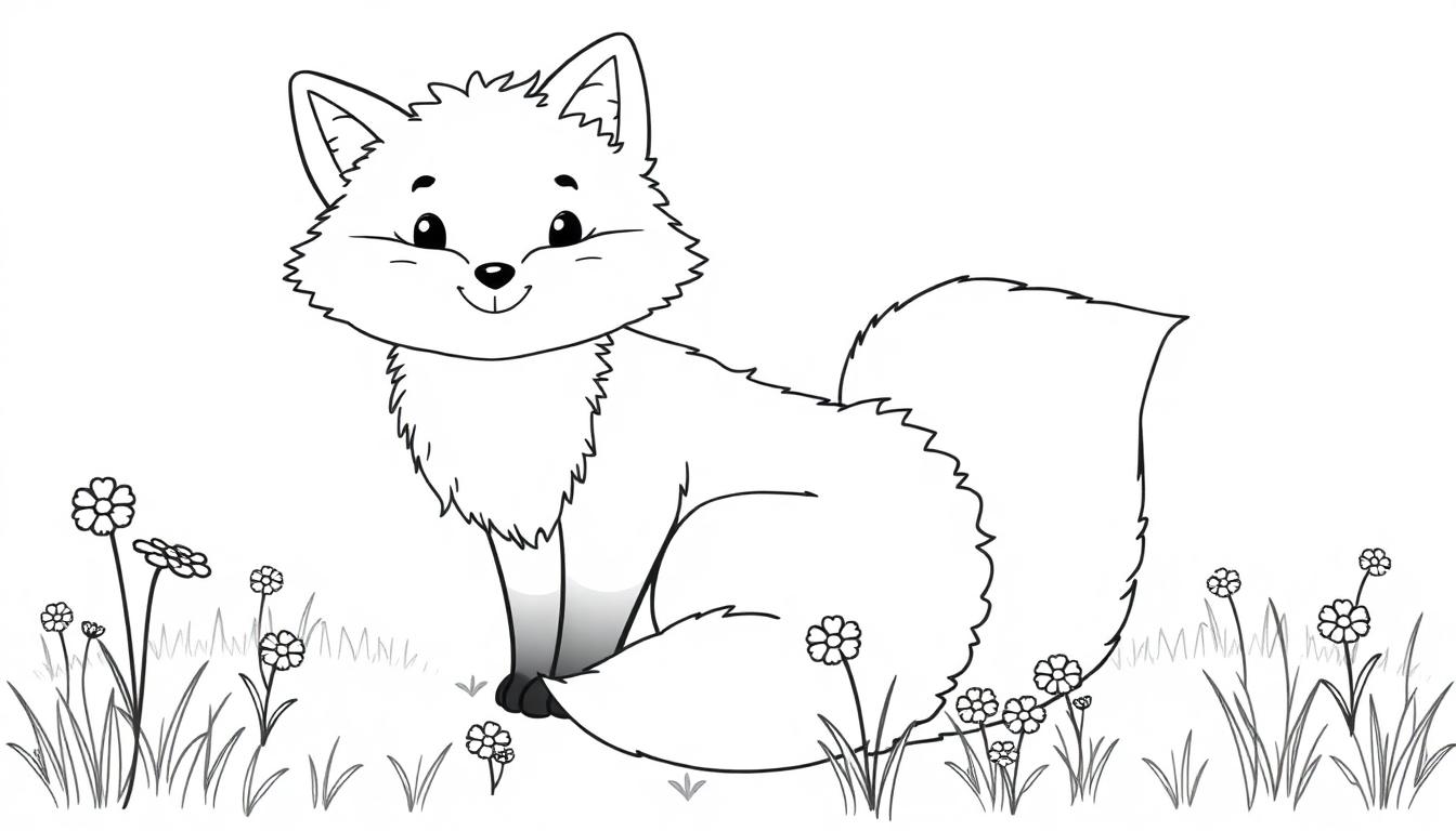 Schwarz-Weiß-Farbtafel eines Cartoon-Fuchses, der im Gras und zwischen Blumen sitzt.