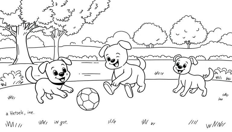 Farbtafel: Drei Cartoon-Hunde spielen auf einer Wiese, einer jagt einen Fußball.