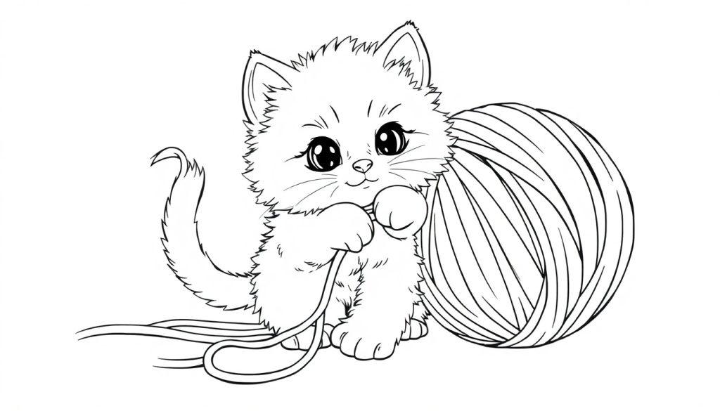 Schwarz-Weiß-Farbtafel einer Cartoon-Katze, die mit einem Wollknäuel spielt.