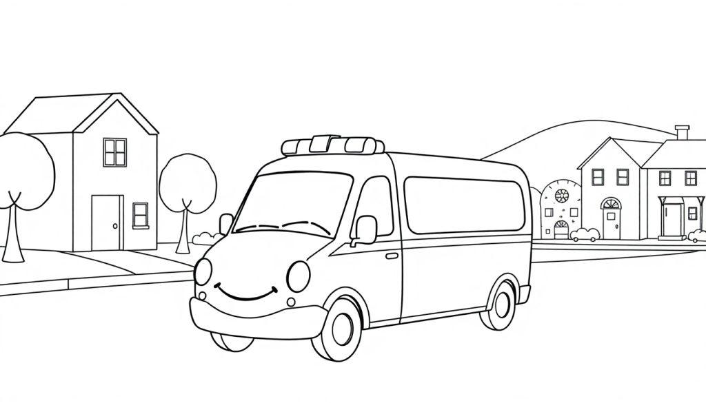 Eine Cartoon-Farbtafel mit einem lächelnden Lieferwagen und Vorstadthäusern.