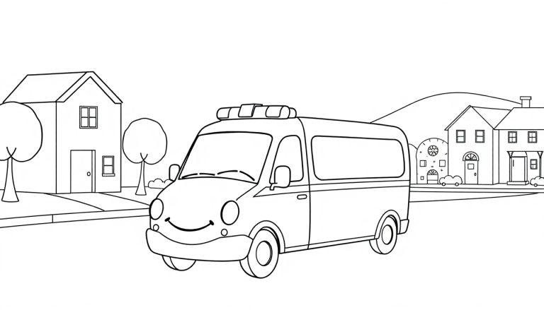Eine Cartoon-Farbtafel mit einem lächelnden Lieferwagen und Vorstadthäusern.