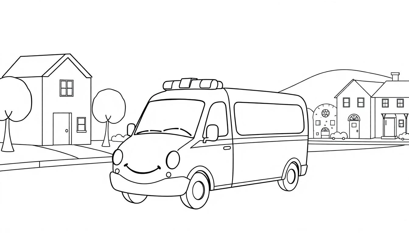 Eine Cartoon-Farbtafel mit einem lächelnden Lieferwagen und Vorstadthäusern.