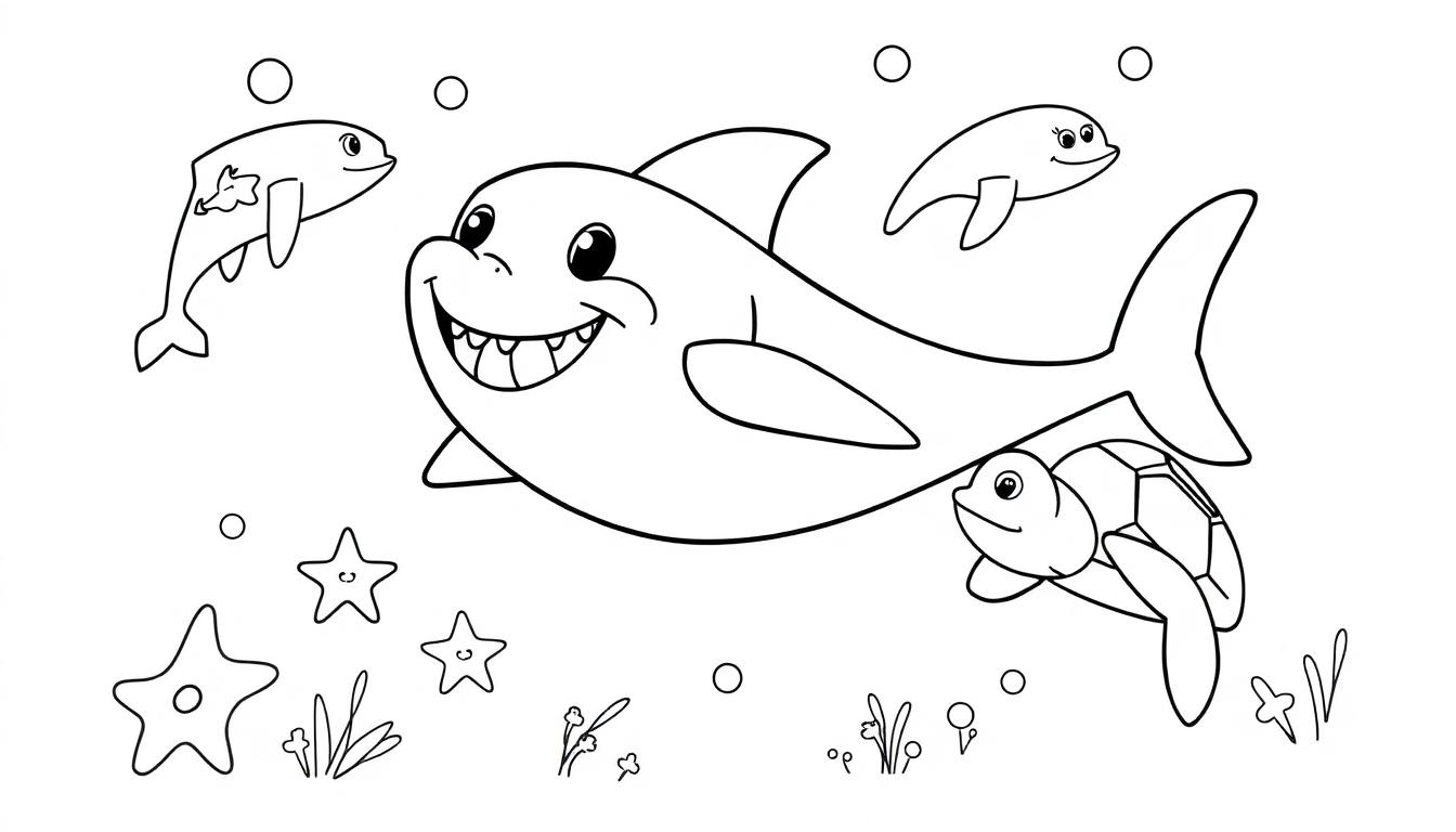 Eine Schwarz-Weiß-Farbtafel eines grinsenden Hais mit Delfinen, einer Schildkröte und Seesternen.