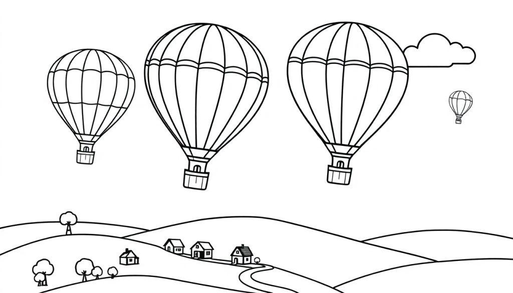 Schwarz-weiße Farbtafel einer friedlichen Landschaft mit Hügeln, Häusern und vier Heißluftballons.