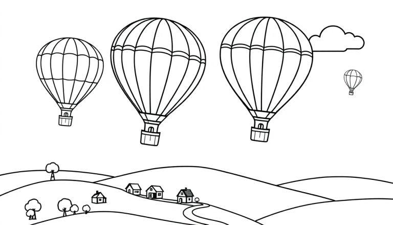 Schwarz-weiße Farbtafel einer friedlichen Landschaft mit Hügeln, Häusern und vier Heißluftballons.