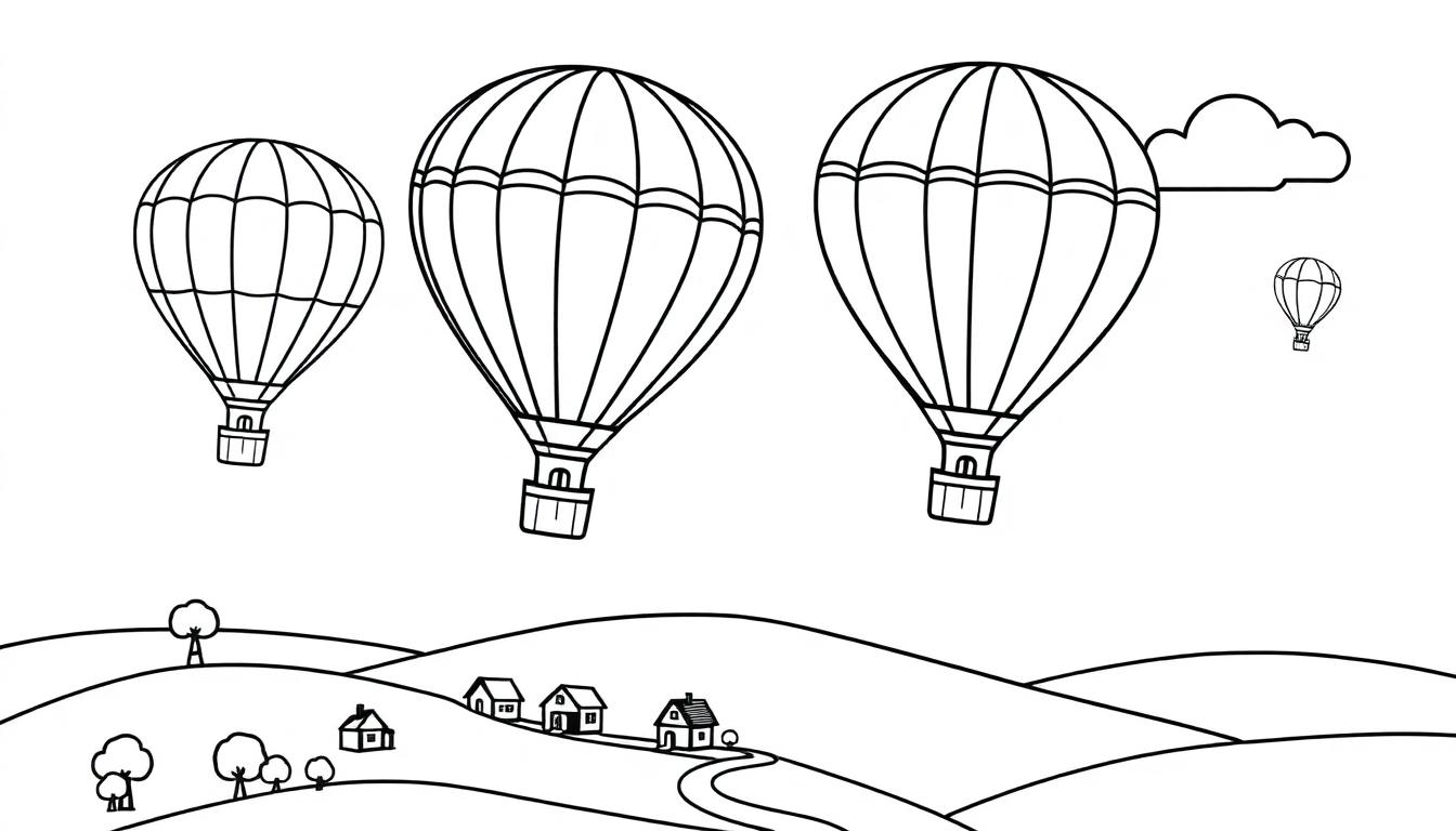 Schwarz-weiße Farbtafel einer friedlichen Landschaft mit Hügeln, Häusern und vier Heißluftballons.