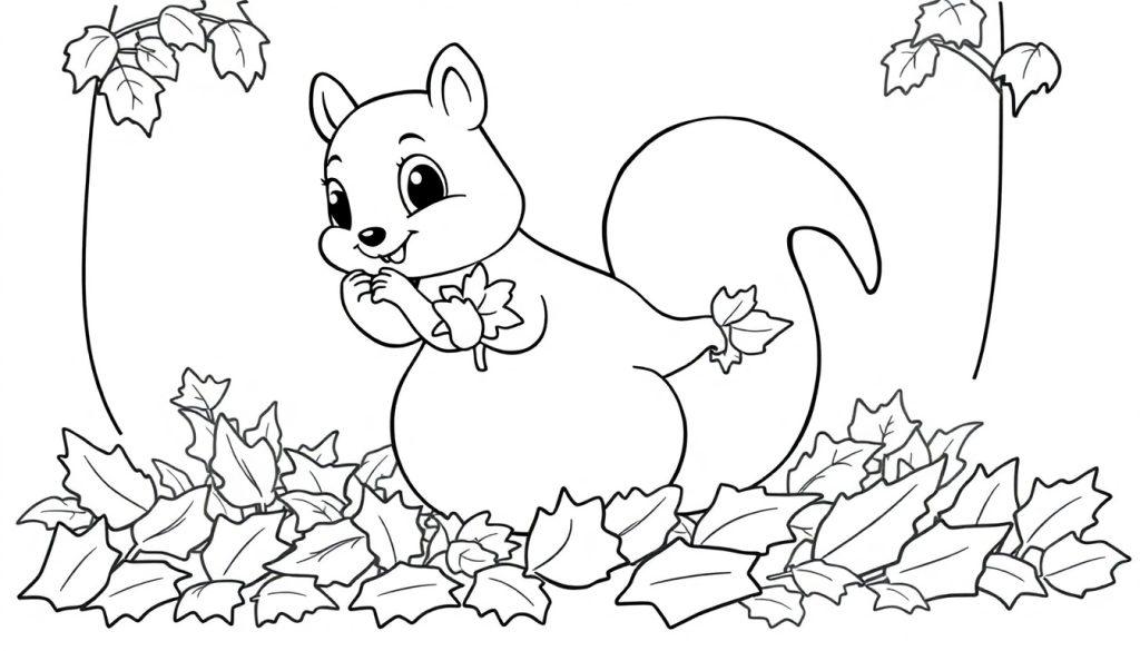 Eine Schwarz-Weiß-Farbtafel-Illustration eines Cartoon-Eichhörnchens, das im Herbst auf Laub sitzt und ein Blatt hält.