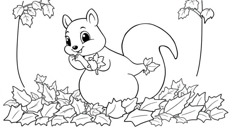 Eine Schwarz-Weiß-Farbtafel-Illustration eines Cartoon-Eichhörnchens, das im Herbst auf Laub sitzt und ein Blatt hält.