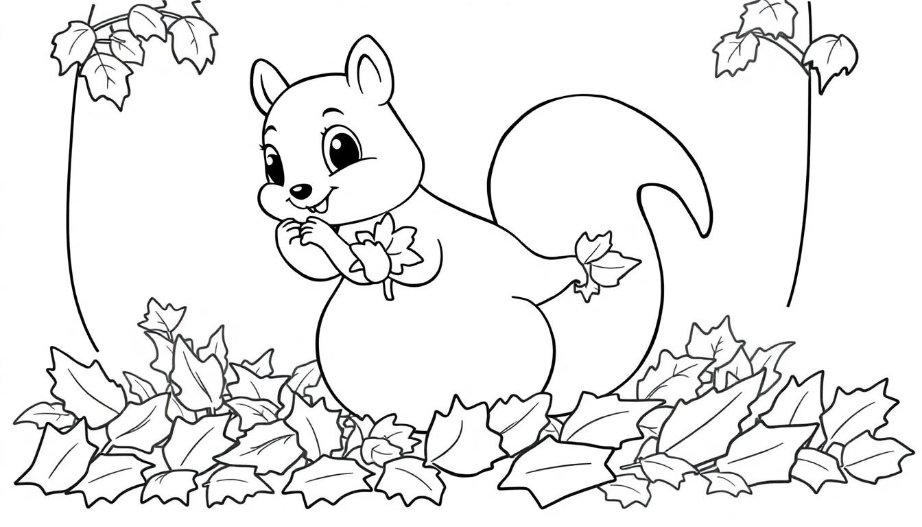 Eine Schwarz-Weiß-Farbtafel-Illustration eines Cartoon-Eichhörnchens, das im Herbst auf Laub sitzt und ein Blatt hält.
