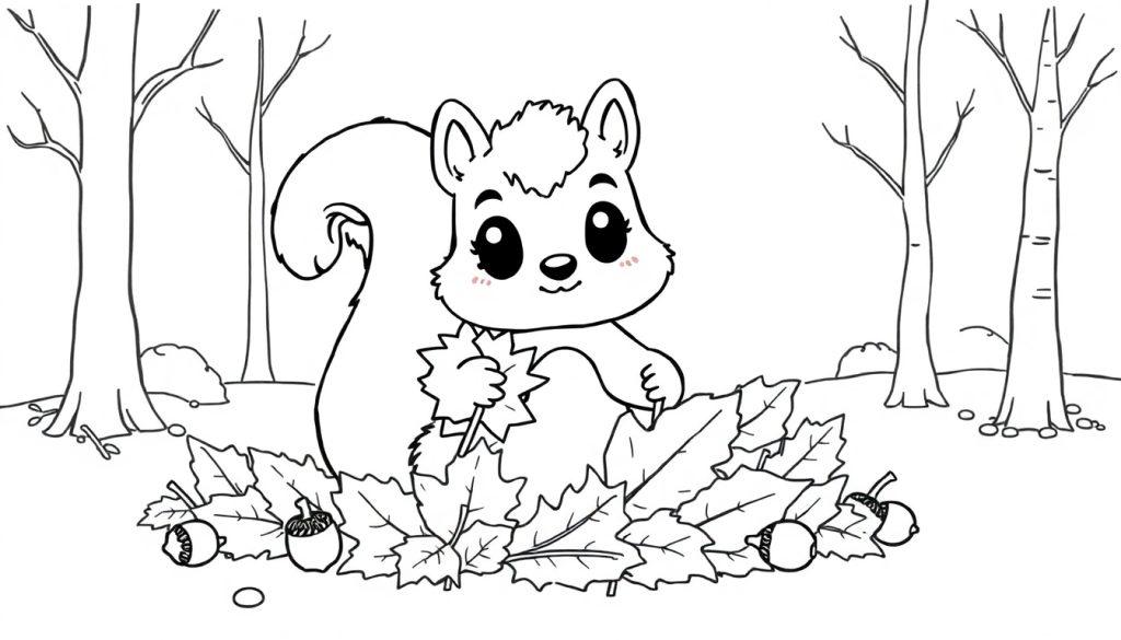 Schwarz-weiße Farbtafel-Zeichnung eines niedlichen Cartoon-Eichhörnchens mit großen Augen, das im Herbstlaub sitzt und ein Blatt hält.