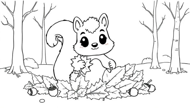 Schwarz-weiße Farbtafel-Zeichnung eines niedlichen Cartoon-Eichhörnchens mit großen Augen, das im Herbstlaub sitzt und ein Blatt hält.