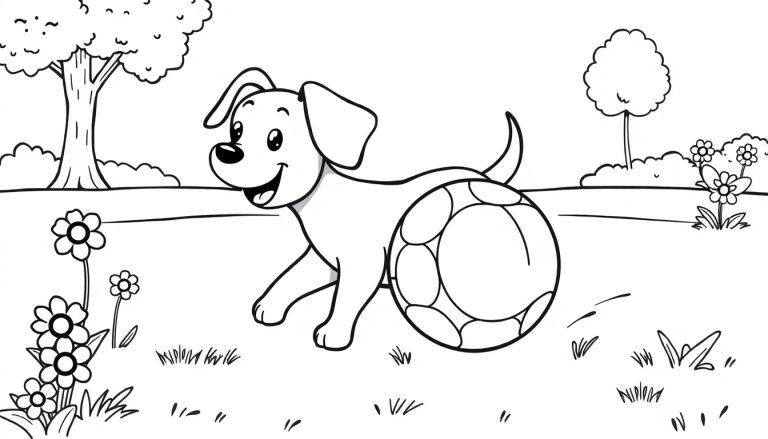 Farbtafel: Ein fröhlicher Hund spielt mit einem Fußball im Park.