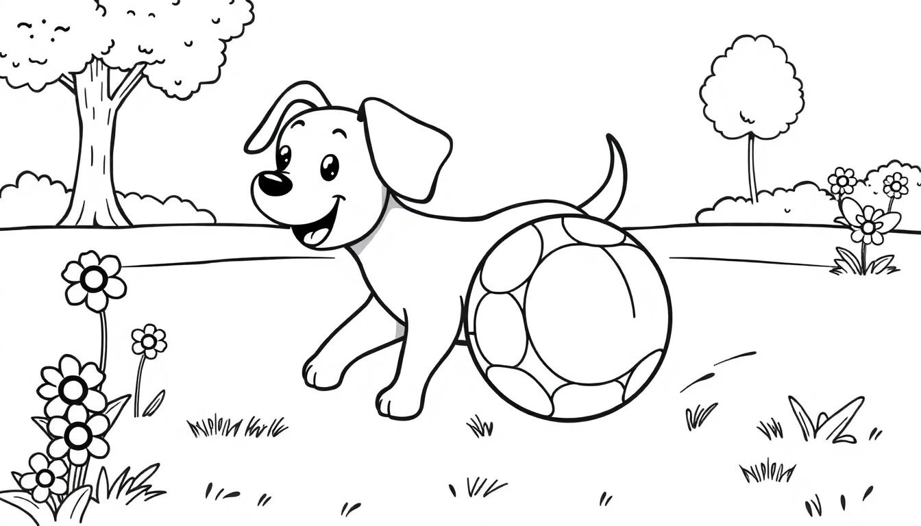 Farbtafel: Ein fröhlicher Hund spielt mit einem Fußball im Park.