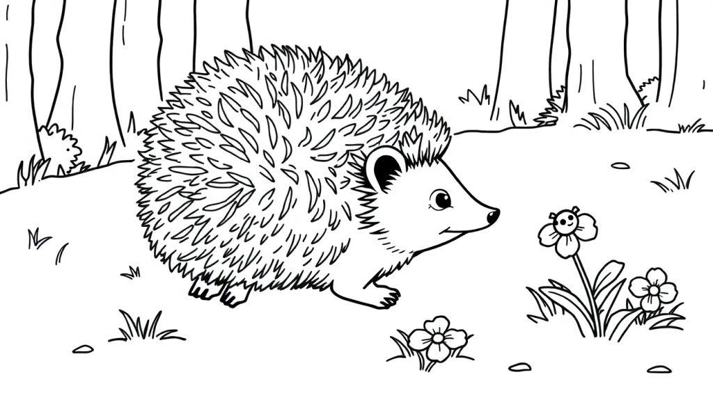 Schwarz-weiß Farbtafel-Illustration eines Igels im Wald.