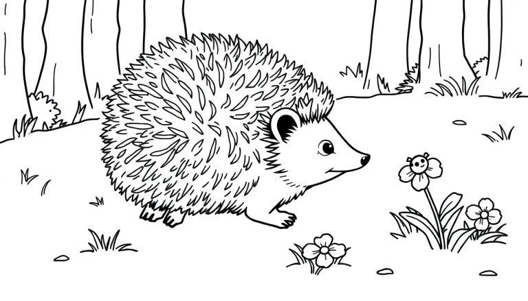 Schwarz-weiß Farbtafel-Illustration eines Igels im Wald.