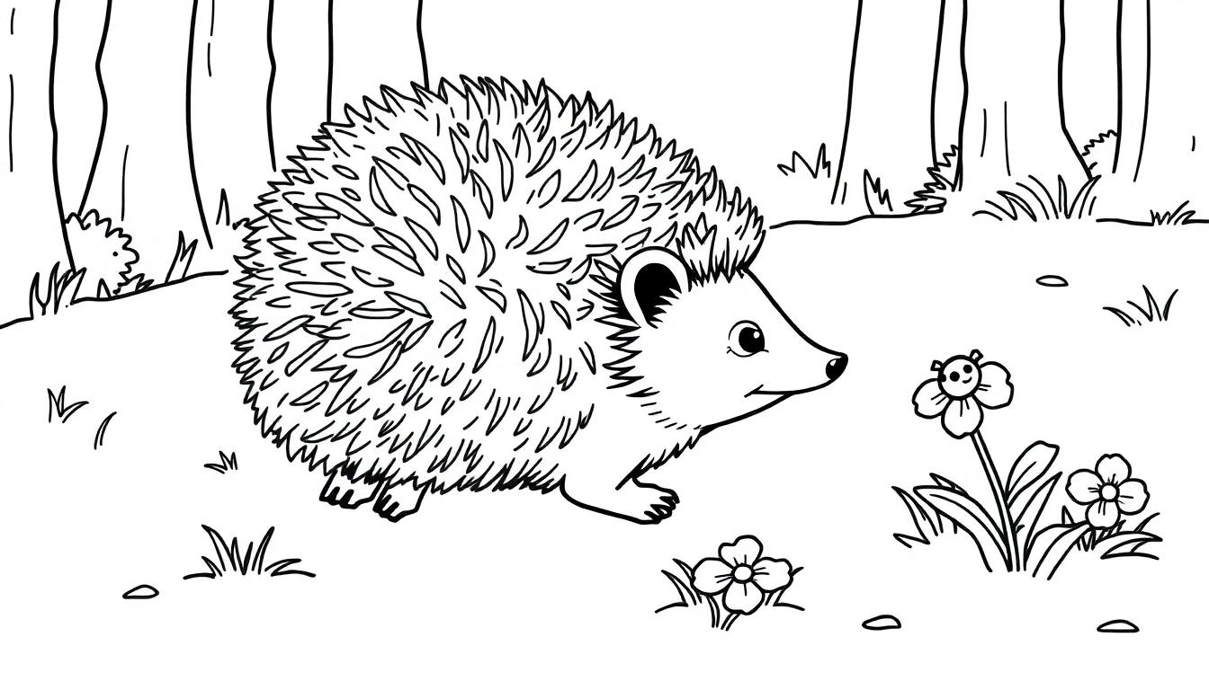 Schwarz-weiß Farbtafel-Illustration eines Igels im Wald.