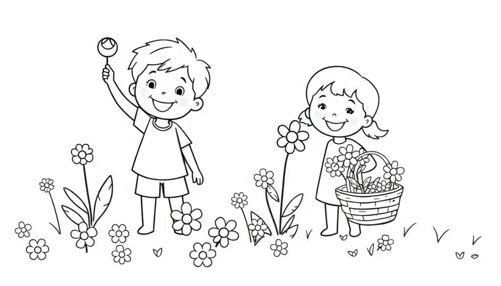 Schwarz-weiße Farbtafel-Zeichnung eines Jungen mit Blumenpflücker und eines Mädchens mit Blumenkorb in einer Blumenwiese.
