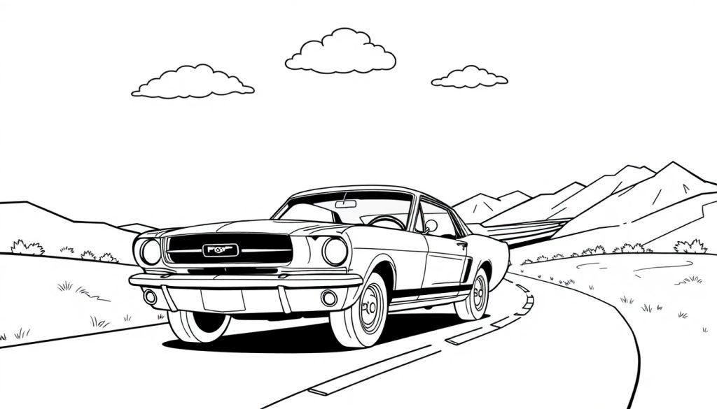 Schwarz-weiß-Farbtafel-Zeichnung eines Ford Mustangs auf einer Bergstraße.