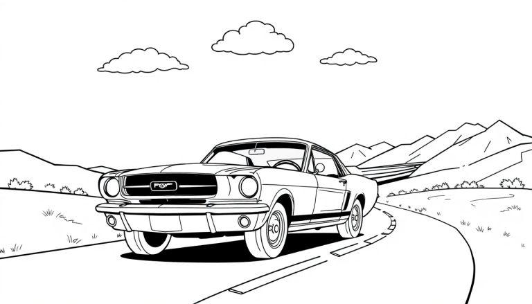 Schwarz-weiß-Farbtafel-Zeichnung eines Ford Mustangs auf einer Bergstraße.