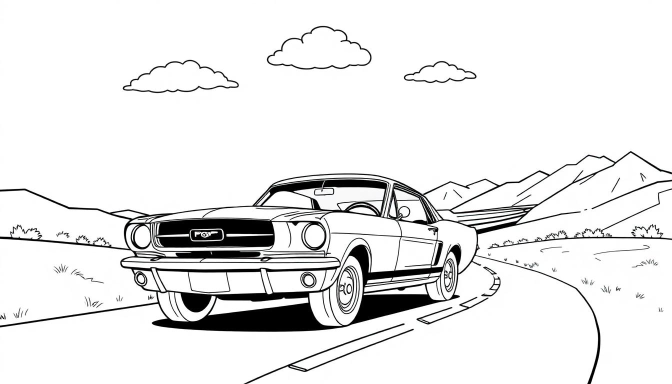 Schwarz-weiß-Farbtafel-Zeichnung eines Ford Mustangs auf einer Bergstraße.