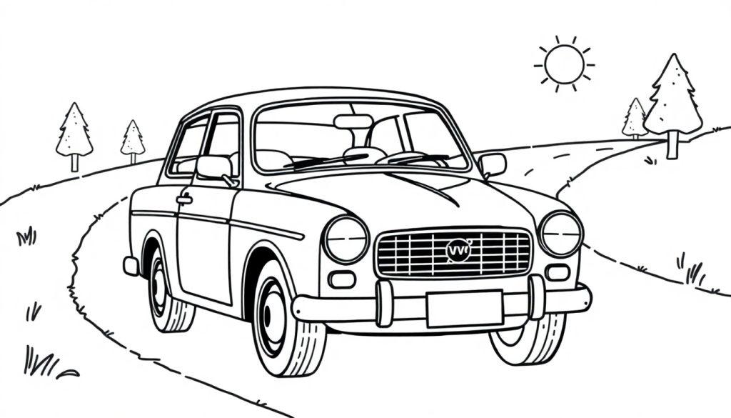 Schwarz-Weiß-Farbtafel eines klassischen Autos auf einer kurvigen Landstraße mit Bäumen und einer stilisierten Sonne.