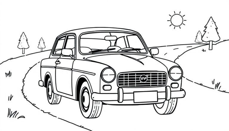 Schwarz-Weiß-Farbtafel eines klassischen Autos auf einer kurvigen Landstraße mit Bäumen und einer stilisierten Sonne.