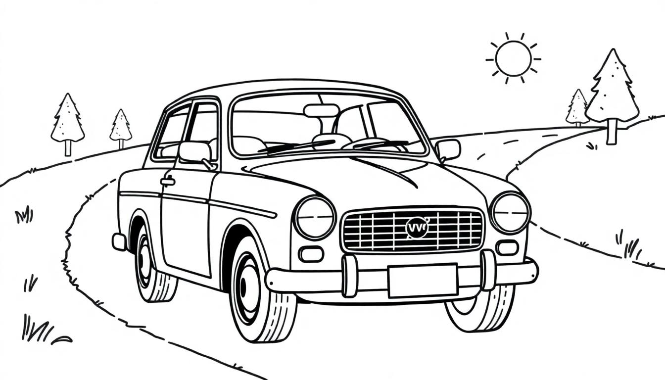 Schwarz-Weiß-Farbtafel eines klassischen Autos auf einer kurvigen Landstraße mit Bäumen und einer stilisierten Sonne.
