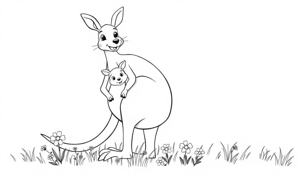 Farbtafel: Ein fröhliches Känguru mit seinem Baby im Beutel, bereit zum Ausmalen.