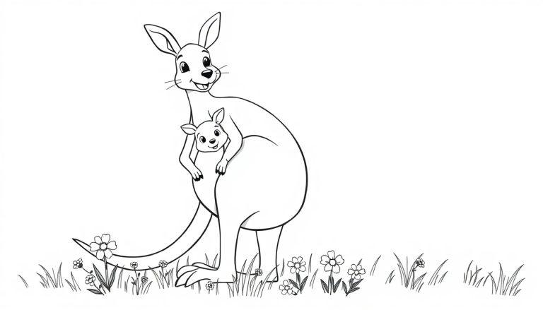 Farbtafel: Ein fröhliches Känguru mit seinem Baby im Beutel, bereit zum Ausmalen.