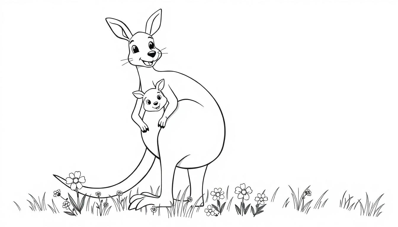 Farbtafel: Ein fröhliches Känguru mit seinem Baby im Beutel, bereit zum Ausmalen.