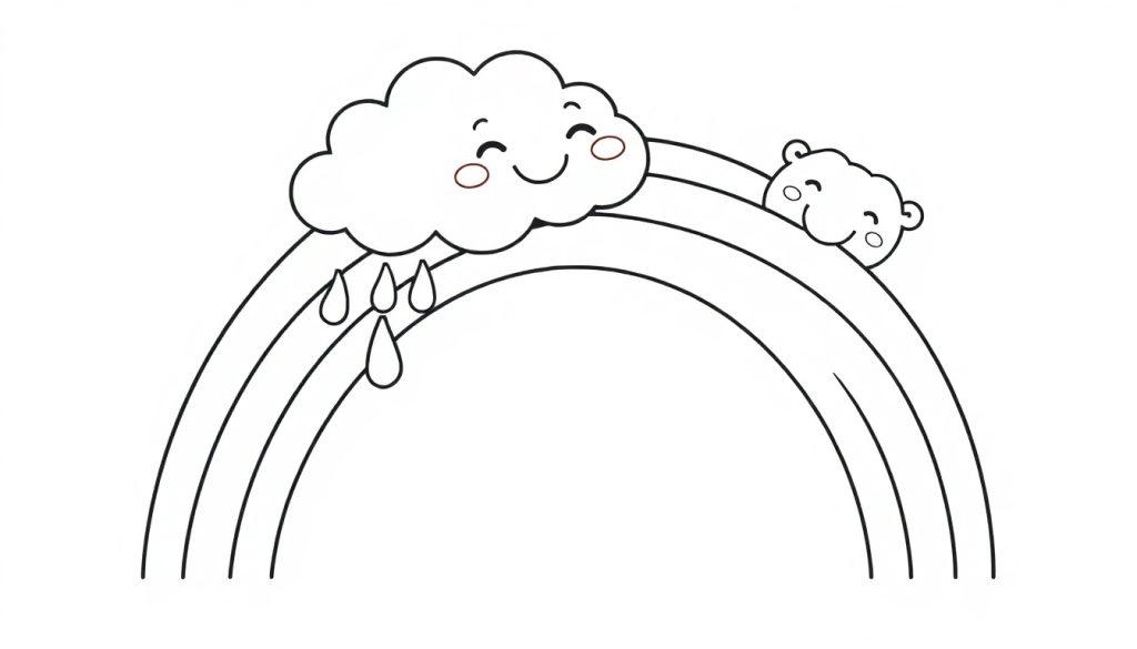 Schwarz-weiße Farbtafel eines Cartoon-Regenbogens mit zwei lächelnden Wolken und Regentropfen.