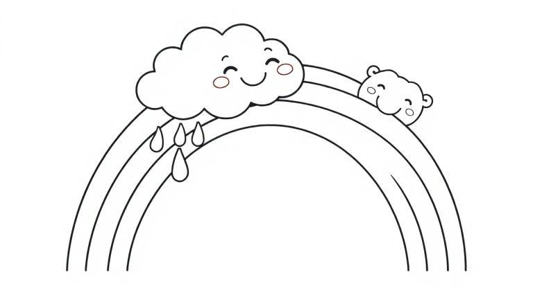 Schwarz-weiße Farbtafel eines Cartoon-Regenbogens mit zwei lächelnden Wolken und Regentropfen.