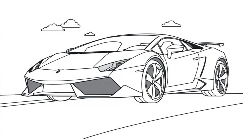 Eine Schwarz-Weiß-Farbtafel eines Lamborghini-Sportwagens auf einer Straße mit Wolken im Hintergrund.