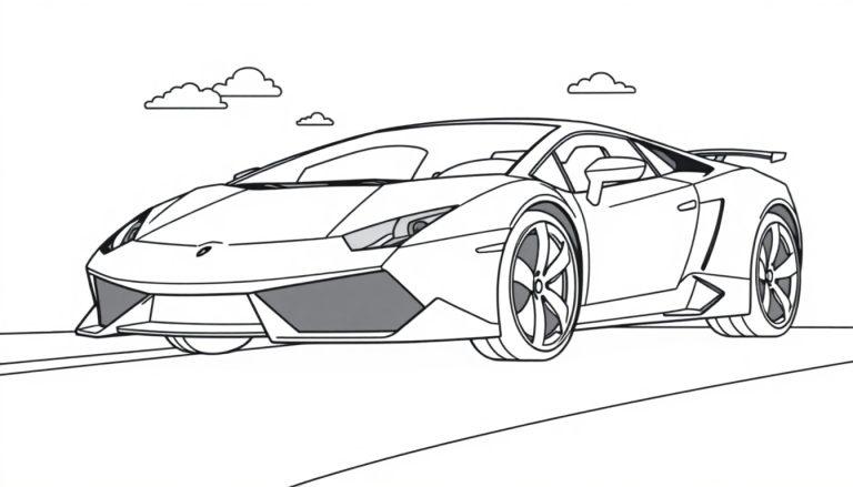 Eine Schwarz-Weiß-Farbtafel eines Lamborghini-Sportwagens auf einer Straße mit Wolken im Hintergrund.