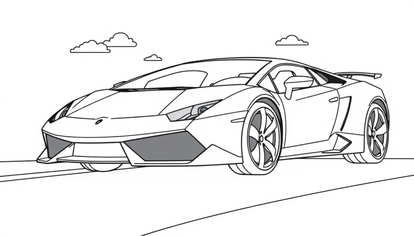 Eine Schwarz-Weiß-Farbtafel eines Lamborghini-Sportwagens auf einer Straße mit Wolken im Hintergrund.