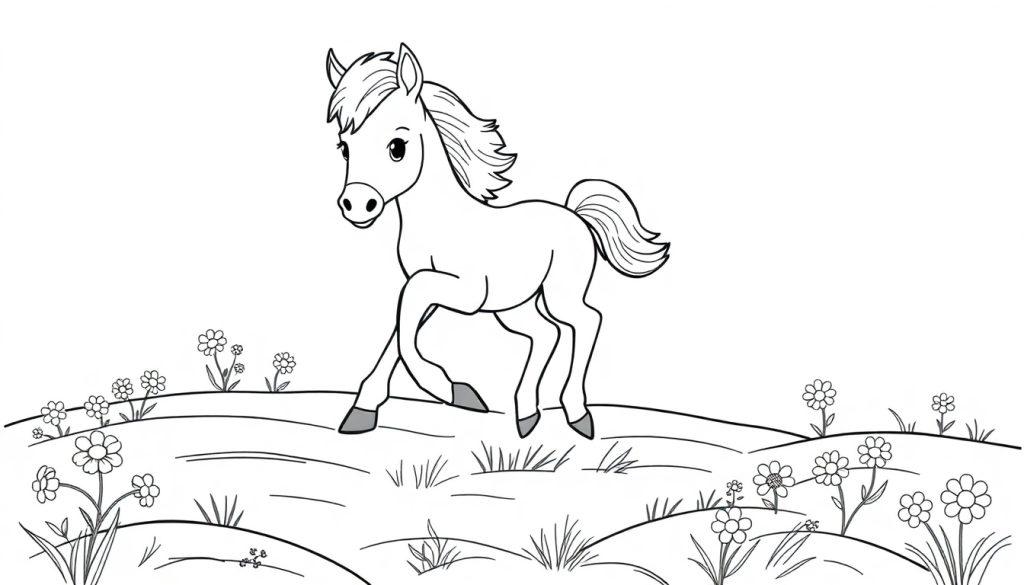 Eine schwarz-weiße Farbtafel-Zeichnung eines niedlichen Cartoon-Fohlens mit großen Augen und einer vollen Mähne, das auf einem mit Gras und Gänseblümchen bedeckten Hügel steht, mit einem Bein in der Luft.