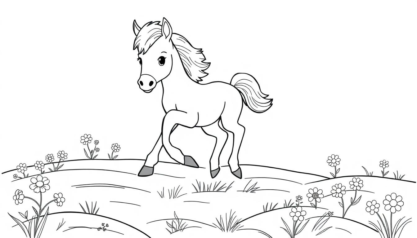 Eine schwarz-weiße Farbtafel-Zeichnung eines niedlichen Cartoon-Fohlens mit großen Augen und einer vollen Mähne, das auf einem mit Gras und Gänseblümchen bedeckten Hügel steht, mit einem Bein in der Luft.