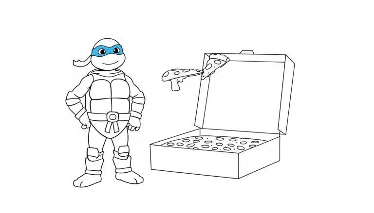 Farbtafel: Leonardo die Teenage Mutant Ninja Turtle steht neben einer offenen Pizzaschachtel.