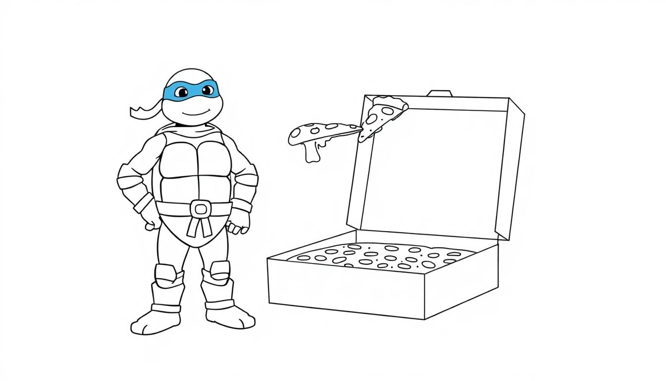 Farbtafel: Leonardo die Teenage Mutant Ninja Turtle steht neben einer offenen Pizzaschachtel.
