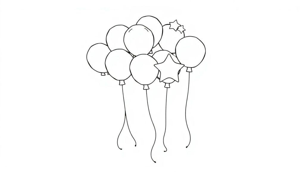 Schwarz-weiße Farbtafel-Strichzeichnung von Luftballons.