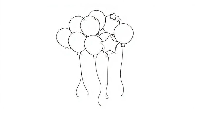 Schwarz-weiße Farbtafel-Strichzeichnung von Luftballons.