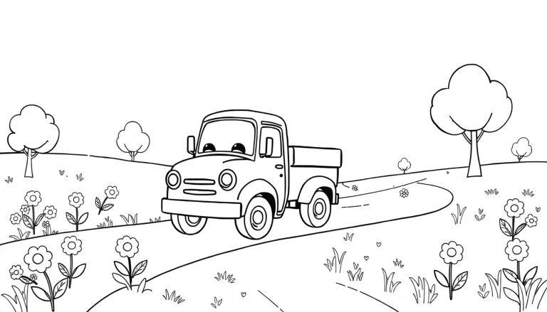 Schwarz-Weiß-Farbtafel eines freundlichen Cartoon-LKW auf einer Straße mit Blumen und Bäumen.
