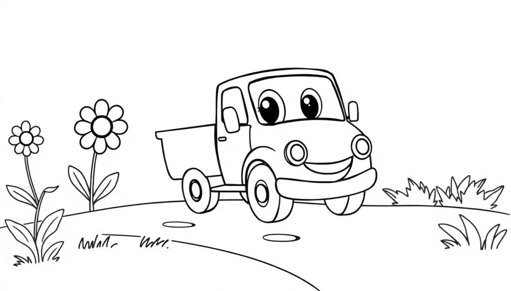 Freundlicher Cartoon-Pickup-Truck auf einer Blumenwiese, bereit zum Ausmalen als Farbtafel.