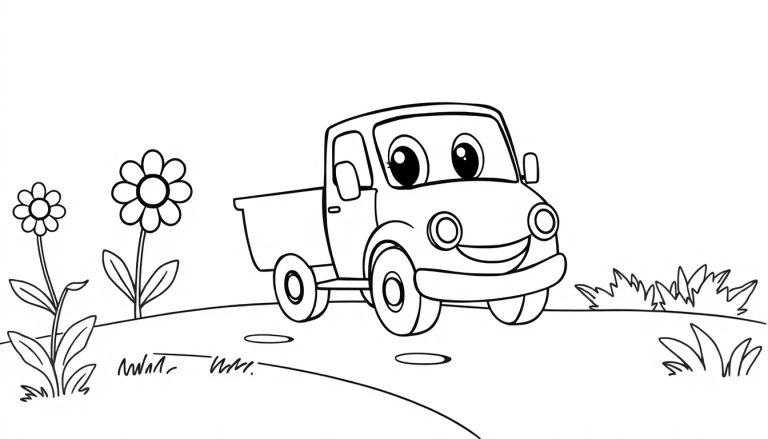 Freundlicher Cartoon-Pickup-Truck auf einer Blumenwiese, bereit zum Ausmalen als Farbtafel.
