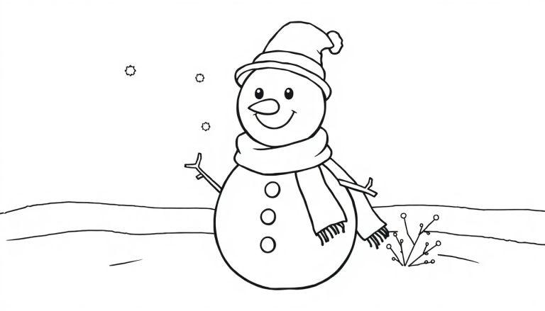Eine Schwarz-Weiß-Farbtafel-Zeichnung eines lächelnden Schneemanns mit Hut und Schal in einer winterlichen Schneelandschaft.