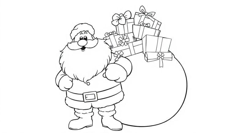 Eine schwarz-weiße Farbtafel-Zeichnung eines fröhlichen Zeichentrick-Weihnachtsmanns mit einem Sack voller Geschenke.