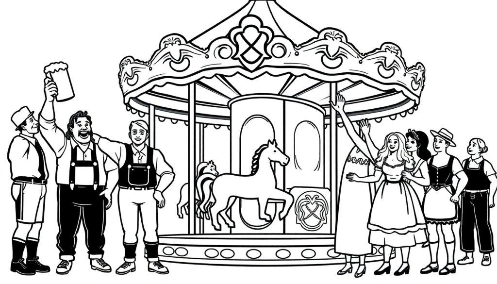 Farbtafel: Eine Schwarz-Weiß-Illustration von Menschen in bayerischer Tracht vor einem detailreichen Karussell, bereit zum Ausmalen.