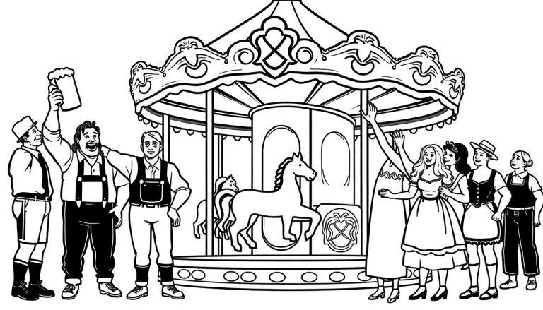 Farbtafel: Eine Schwarz-Weiß-Illustration von Menschen in bayerischer Tracht vor einem detailreichen Karussell, bereit zum Ausmalen.