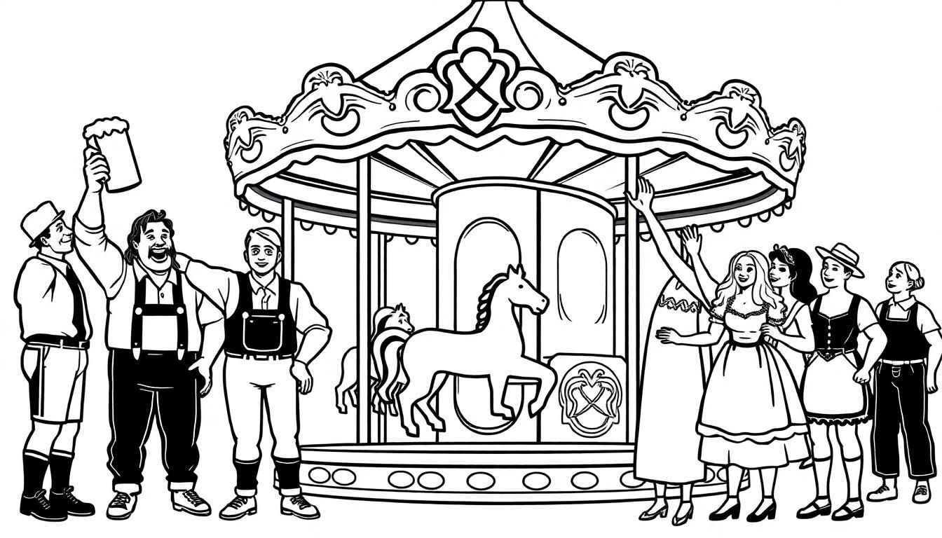 Farbtafel: Eine Schwarz-Weiß-Illustration von Menschen in bayerischer Tracht vor einem detailreichen Karussell, bereit zum Ausmalen.